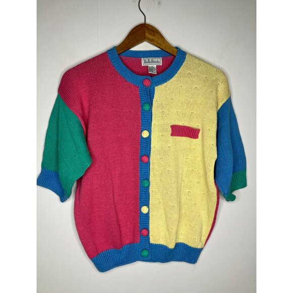 Vintage Sweaters - Vintage Colorblock Knit Cardigan Womens Medium Short Sleeve Sweater 90's